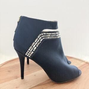 Nine West Boots Womens Size 7M Navy Blue Peep Toe Ankle Bootie Rhinestone Heels
